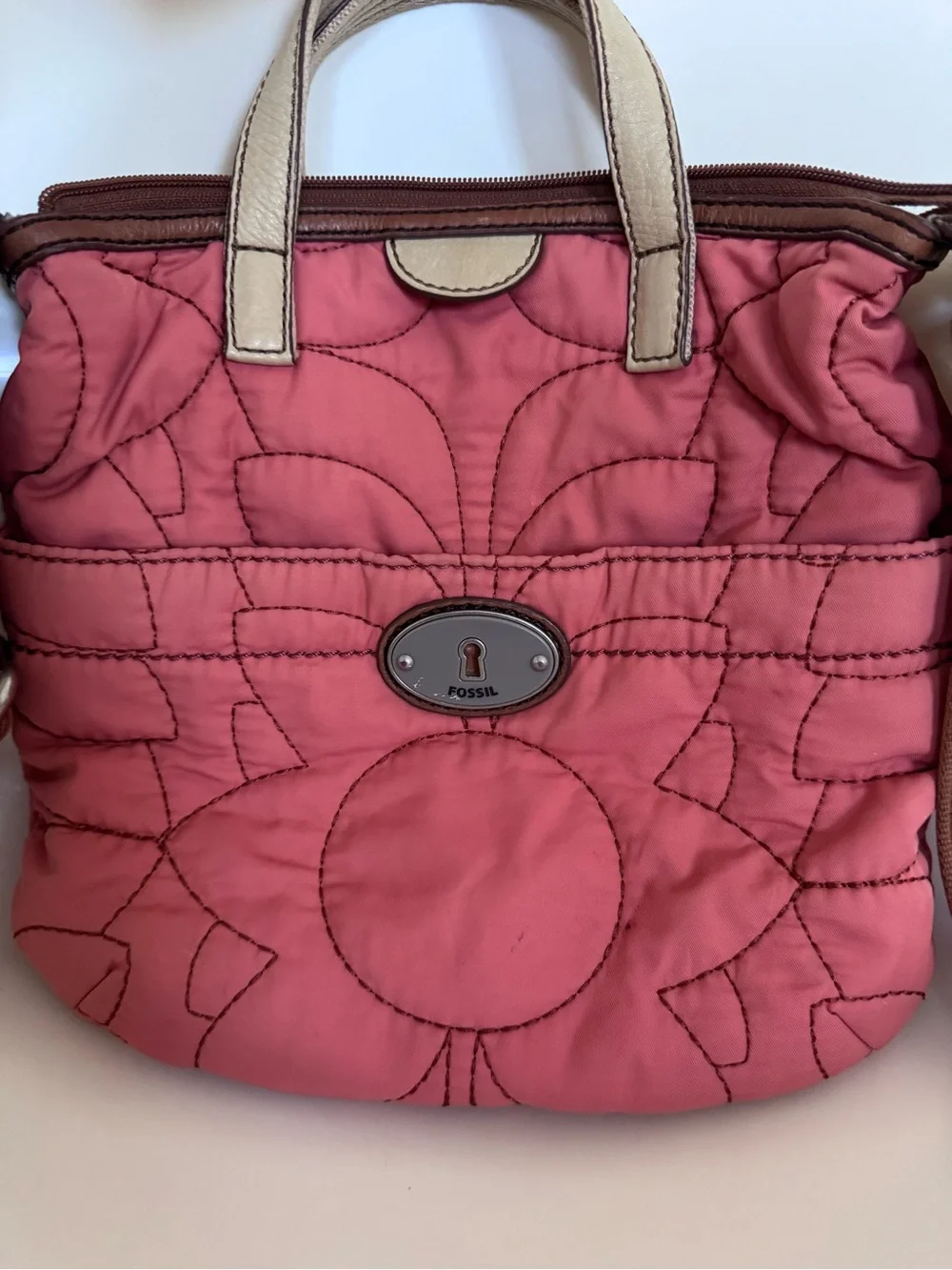 Fossil Key-Per Coral Pink Quilted Crossbody Satchel Tote Y2K Boho Floral Bag